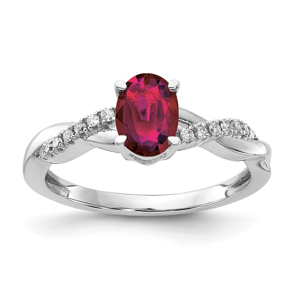 14K White Gold Oval Created Ruby and Diamond Ring, Size 7