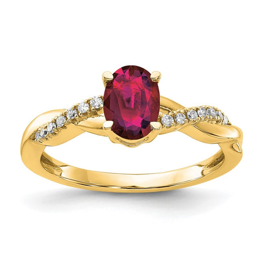 14K Yellow Gold Oval Created Ruby and Diamond Ring, Size 7