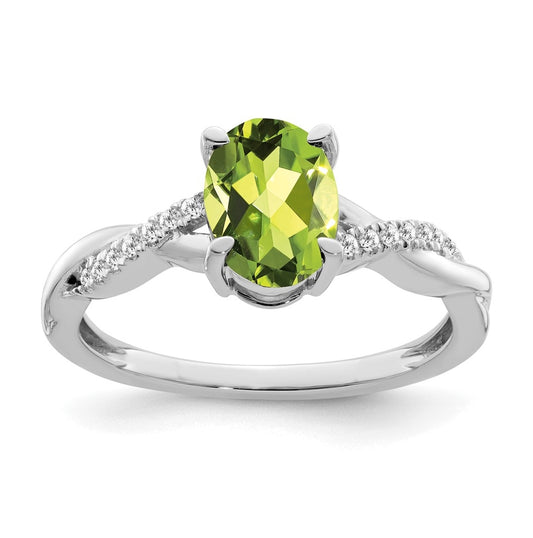 14k White Gold Oval Peridot and Diamond Ring, Size 6