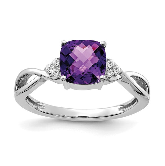 14K White Gold Checkerboard Amethyst and Diamond Ring, Size 6