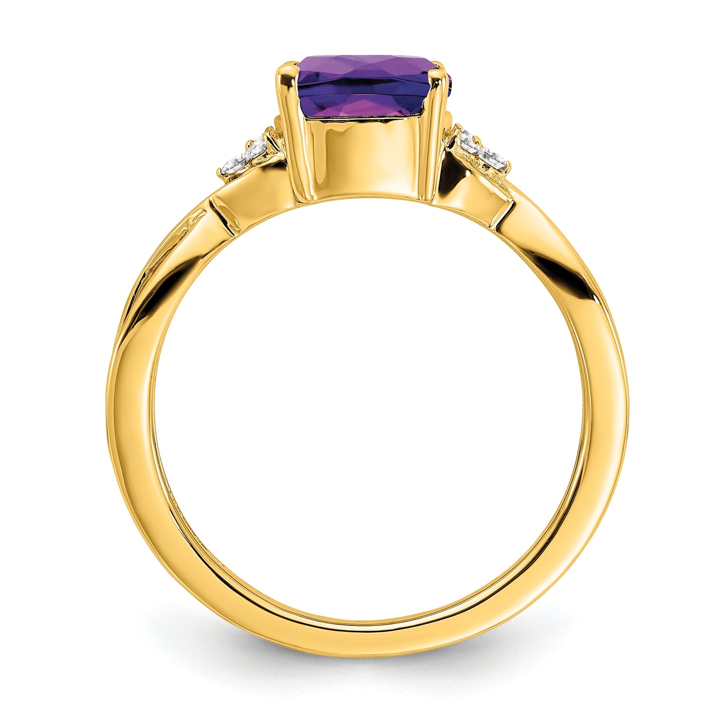 14K Yellow Gold Checkerboard Amethyst and Diamond Ring, Size 6