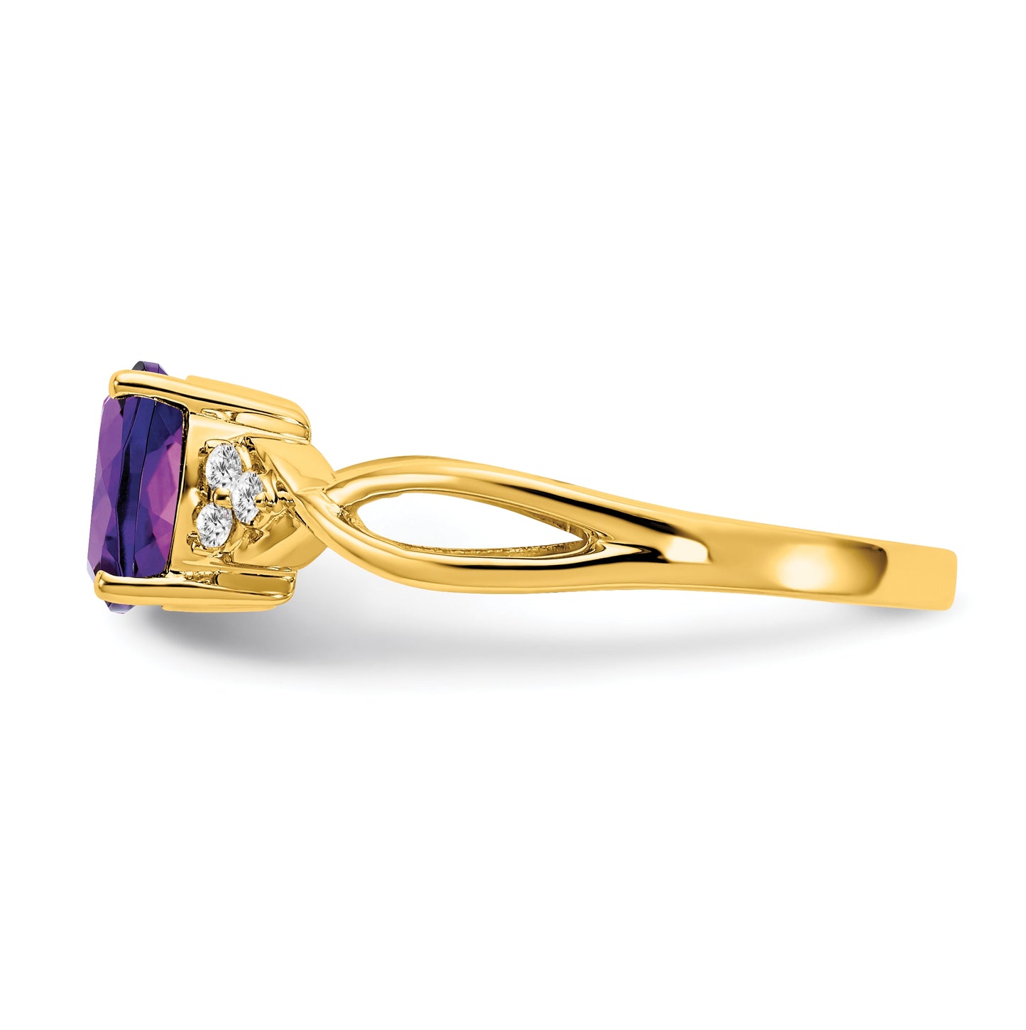 14K Yellow Gold Checkerboard Amethyst and Diamond Ring, Size 6