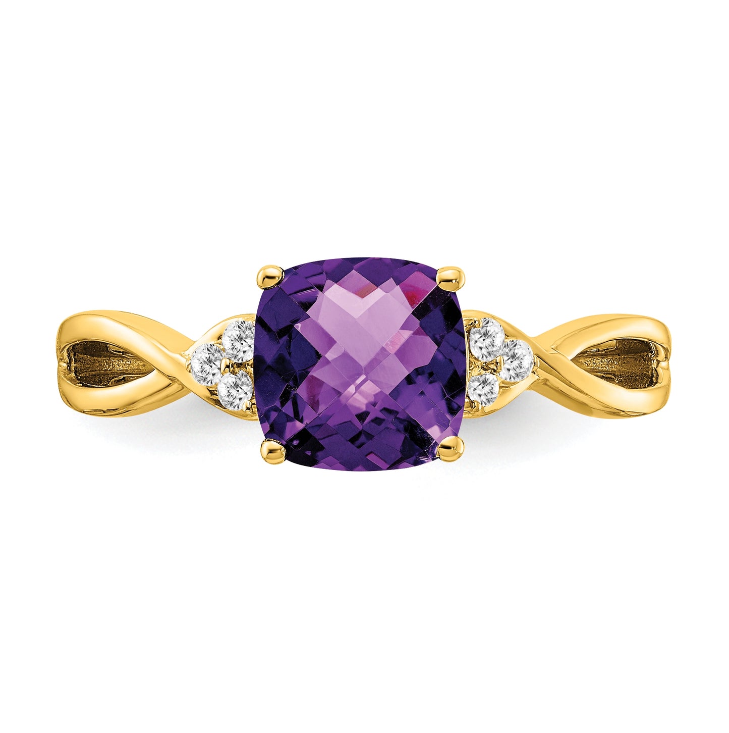 14K Yellow Gold Checkerboard Amethyst and Diamond Ring, Size 6