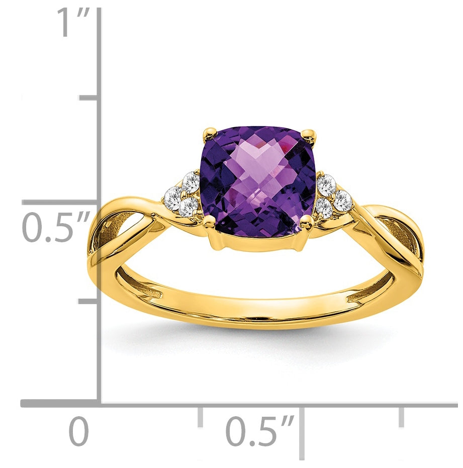 14K Yellow Gold Checkerboard Amethyst and Diamond Ring, Size 6