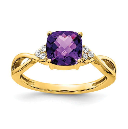 14K Yellow Gold Checkerboard Amethyst and Diamond Ring, Size 6