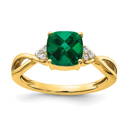 10K Yellow Gold Checkerboard Created Emerald and Diamond Ring, Size 7