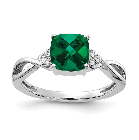 14K White Gold Checkerboard Created Emerald and Diamond Ring, Size 7