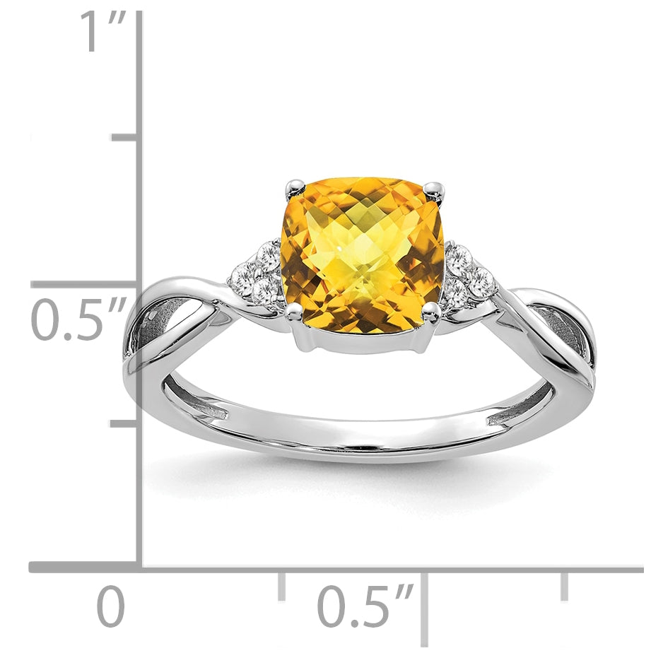 14K White Gold Checkerboard Citrine and Diamond Ring, Size 7