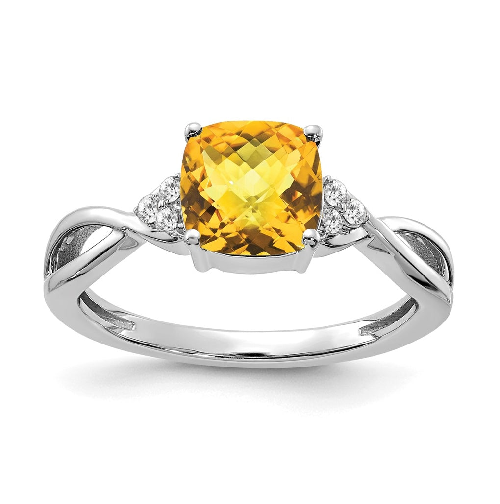 14K White Gold Checkerboard Citrine and Diamond Ring, Size 7