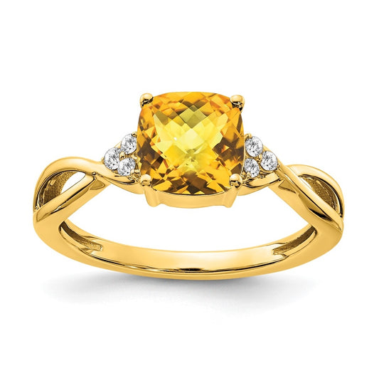 14K Yellow Gold Checkerboard Citrine and Diamond Ring, Size 7