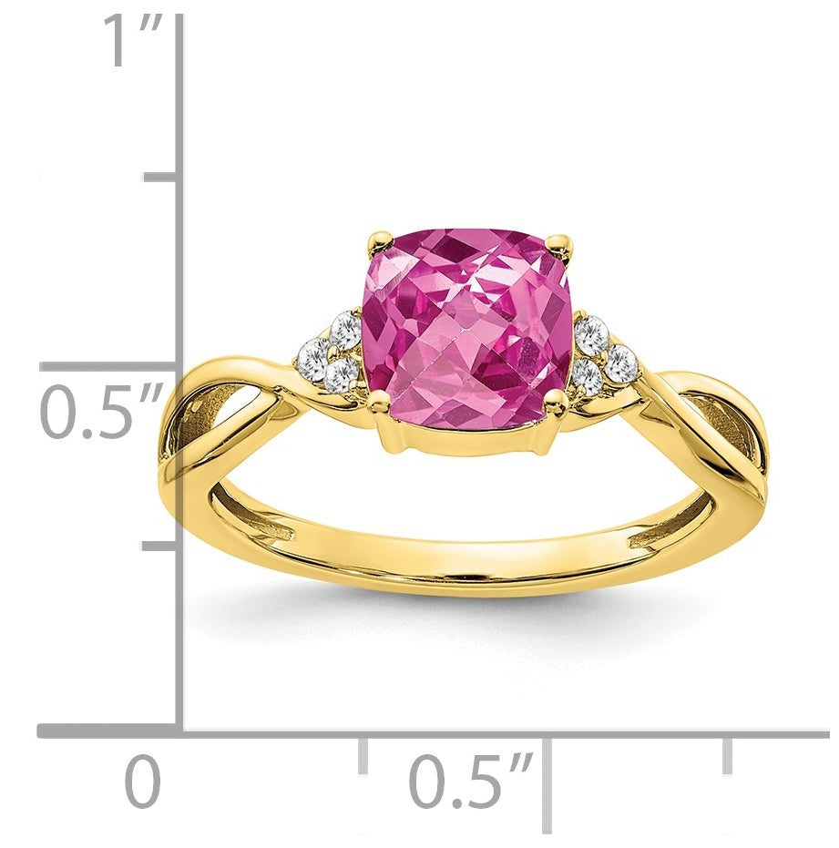 10K Yellow Gold Checkerboard Created Pink Sapphire and Diamond Ring, Size 7