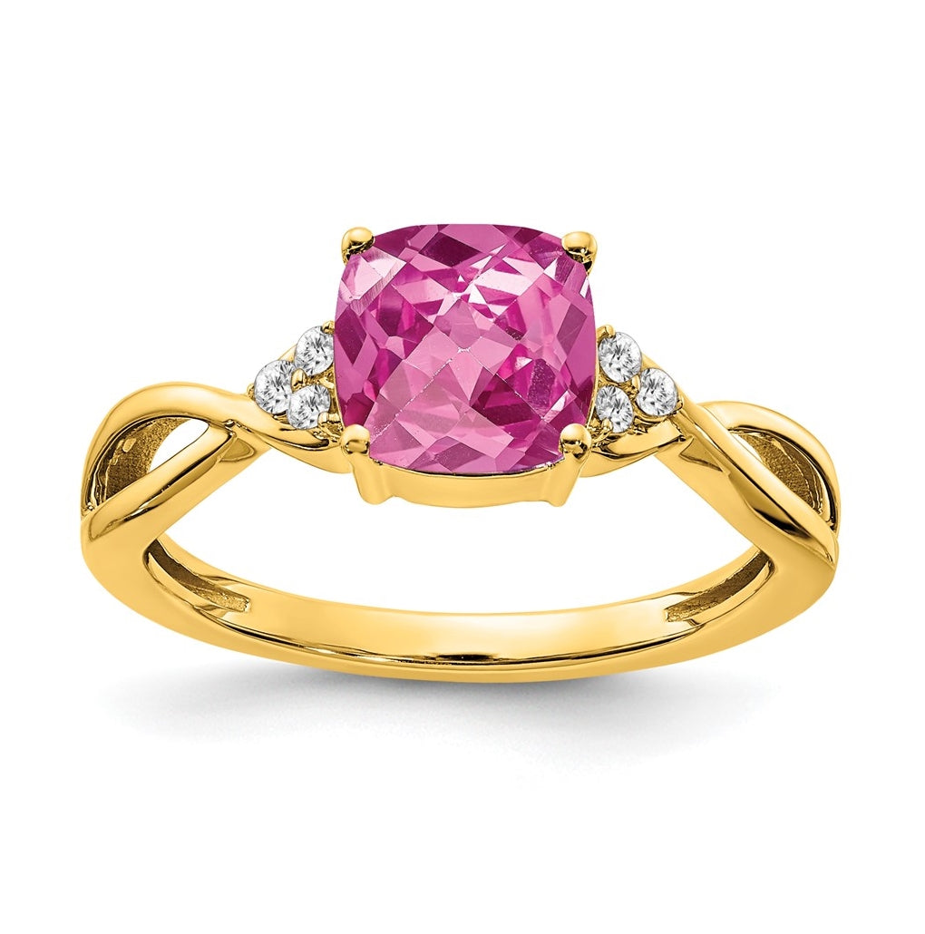 10K Yellow Gold Checkerboard Created Pink Sapphire and Diamond Ring, Size 7