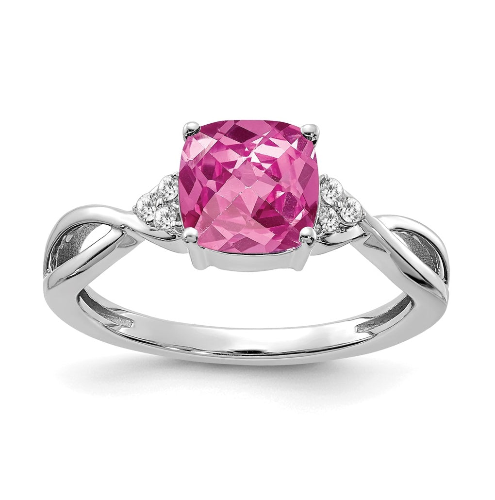 14K White Gold Checkerboard Created Pink Sapphire and Diamond Ring, Size 7