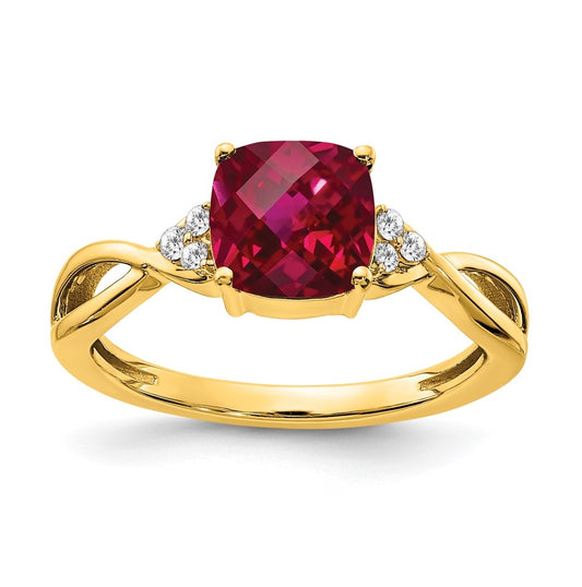 10K Yellow Gold Checkerboard Created Ruby and Diamond Ring, Size 7