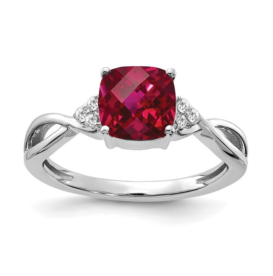 14K White Gold Checkerboard Created Ruby and Diamond Ring, Size 7