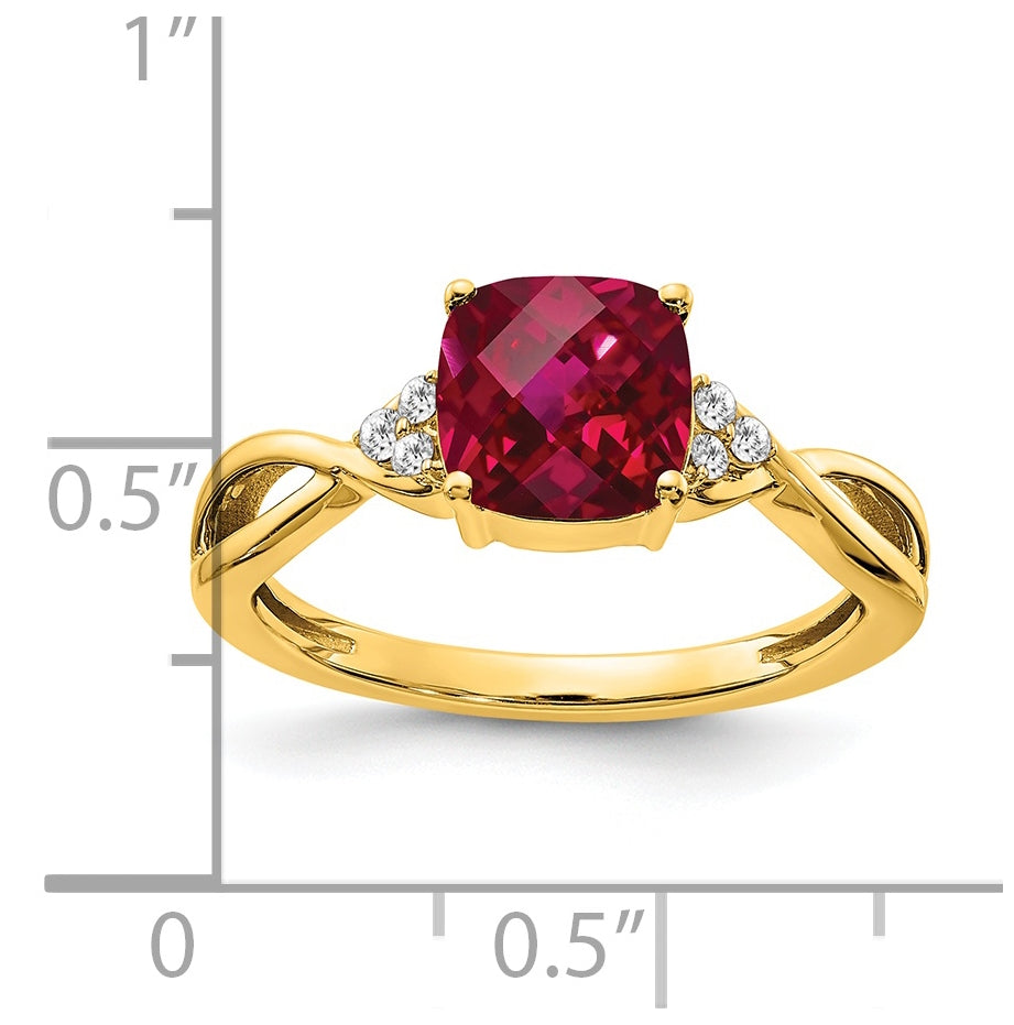 14K Yellow Gold Checkerboard Created Ruby and Diamond Ring, Size 7