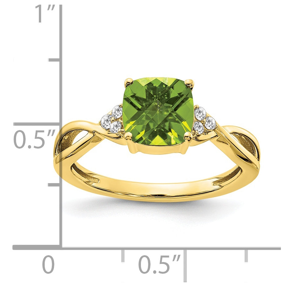 10K Yellow Gold Checkerboard Peridot and Diamond Ring, Size 6