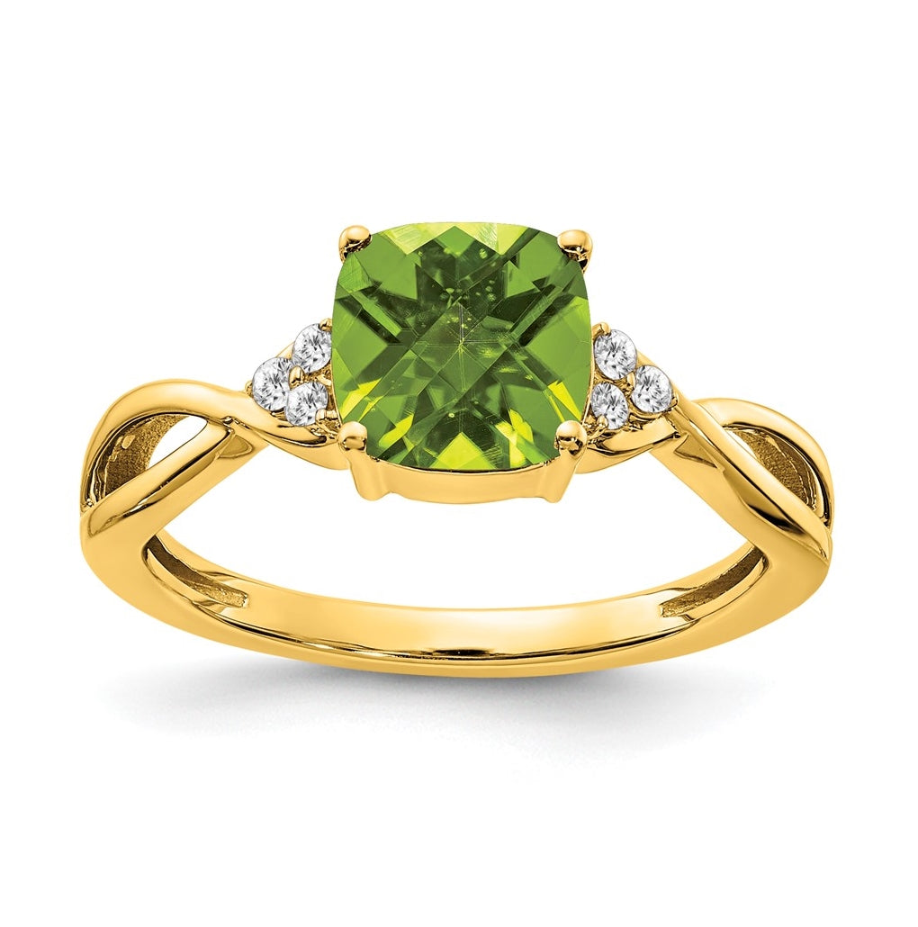 10K Yellow Gold Checkerboard Peridot and Diamond Ring, Size 6