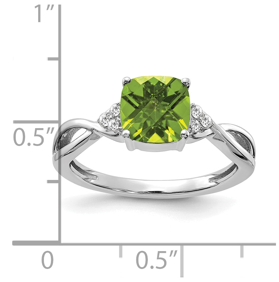 14K White Gold Checkerboard Peridot and Diamond Ring, Size 6