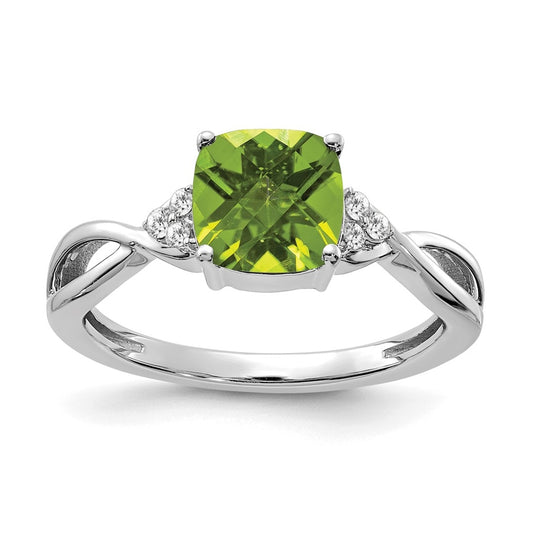 14K White Gold Checkerboard Peridot and Diamond Ring, Size 6