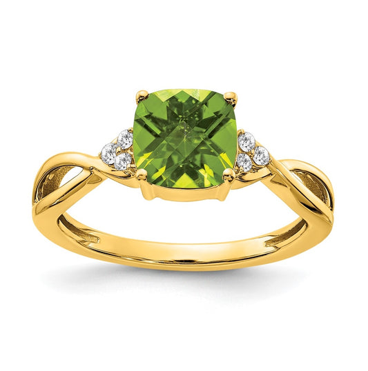 14K Yellow Gold Checkerboard Peridot and Diamond Ring, Size 7