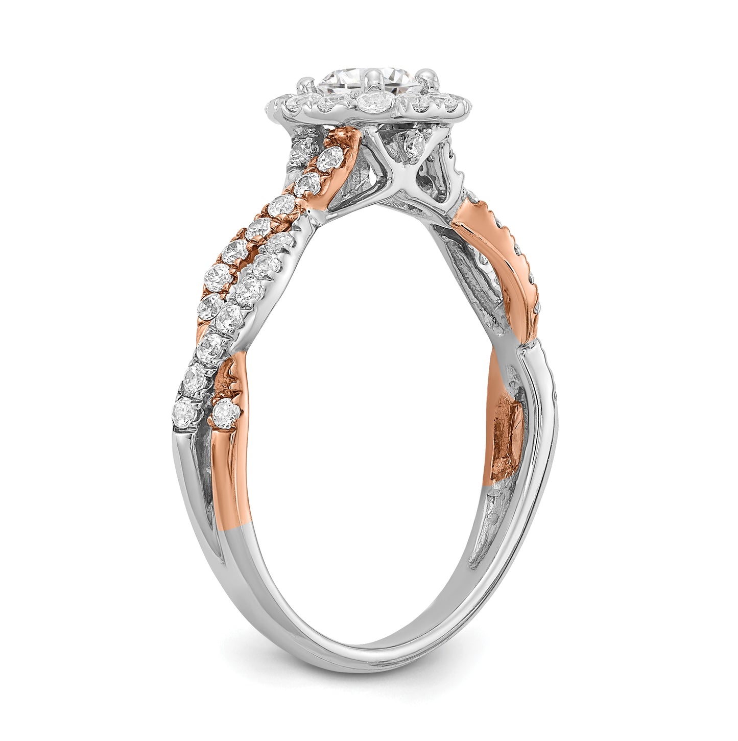 14k White and Rose Gold Halo Plus (Holds 1/3 carat (4.5mm) Round Center) 3/8 carat Diamond Semi-mount Engagement Ring