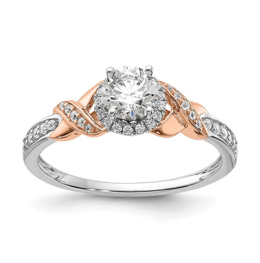 14k White and Rose Gold Halo Plus (Holds 1/2 carat (5.00mm) Round Center) 1/6 carat Diamond Semi-mount Engagement Ring