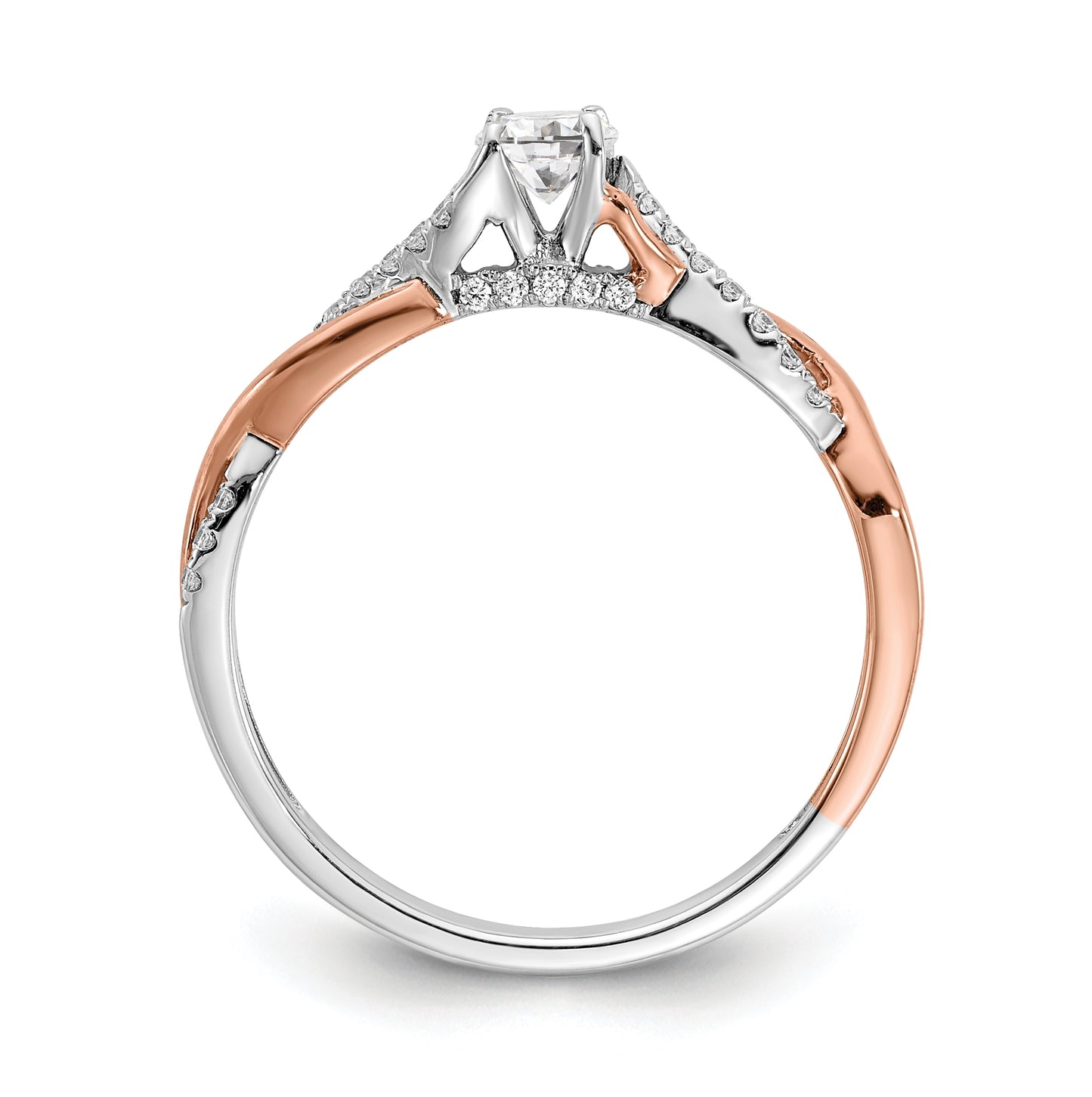 14k White and Rose Gold Criss-Cross (Holds 1/4 carat (4.1mm) Round Center) 1/8 carat Diamond Semi-mount Engagement Ring