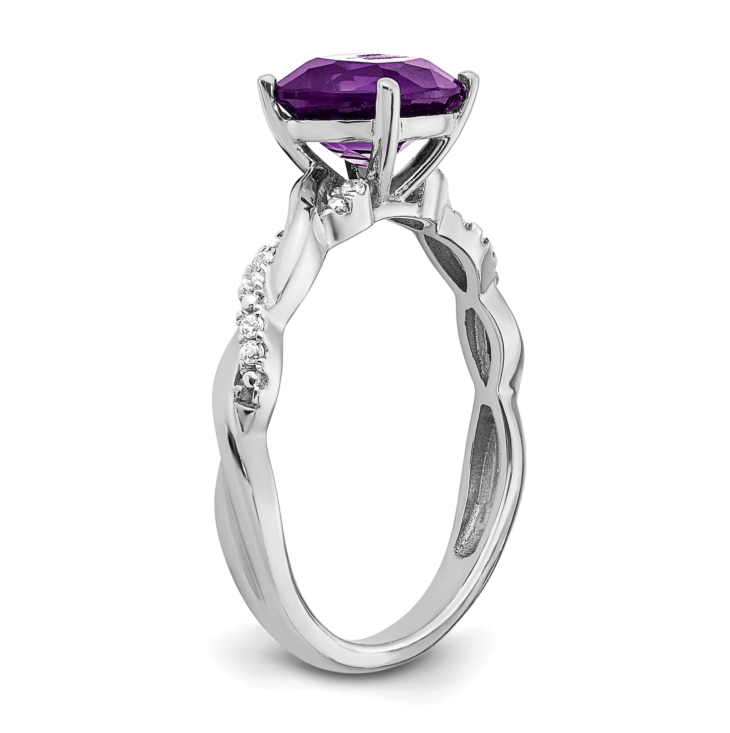 Sterling Silver Rhodium plated Amethyst & Diamond Ring, Size 6