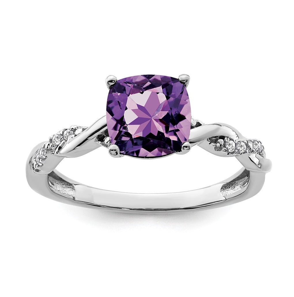 Sterling Silver Rhodium plated Amethyst & Diamond Ring, Size 6