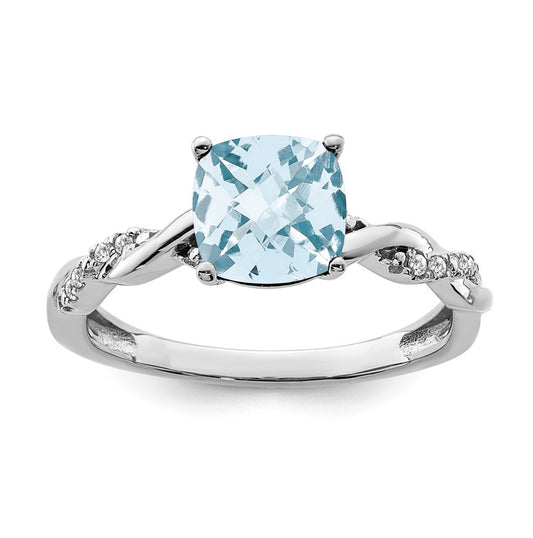 Sterling Silver Rhodium plated Aquamarine & Diamond Ring, Size 6