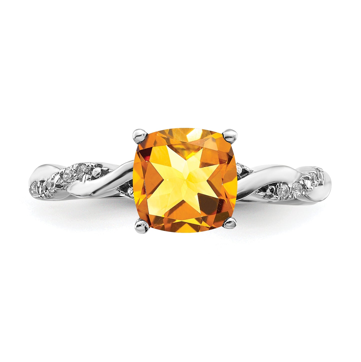 Sterling Silver Rhodium plated Citrine & Diamond Ring, Size 6