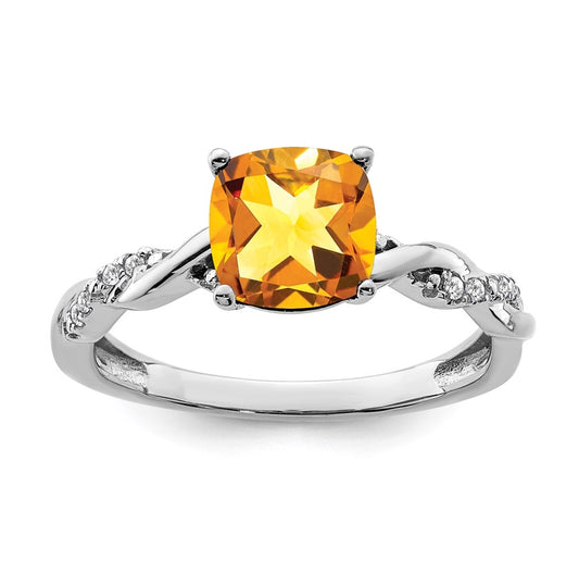 Sterling Silver Rhodium plated Citrine & Diamond Ring, Size 6