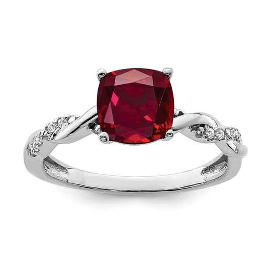 Sterling Silver Rhodium plated Created Ruby and Dia. Ring, Size 7