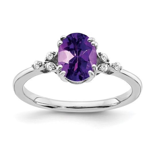 Sterling Silver Rhodium plated Amethyst and Dia. Ring, Size 6