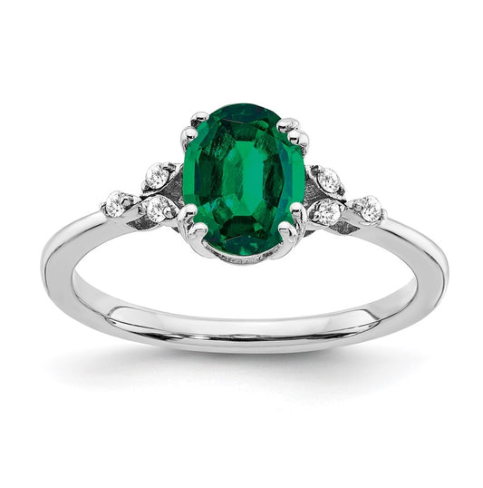 Sterling Silver Rhodium plated Created Emerald & Diamond Ring, Size 6