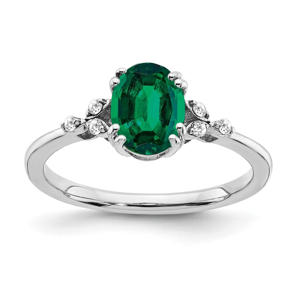 Sterling Silver Rhodium plated Created Emerald & Diamond Ring, Size 7