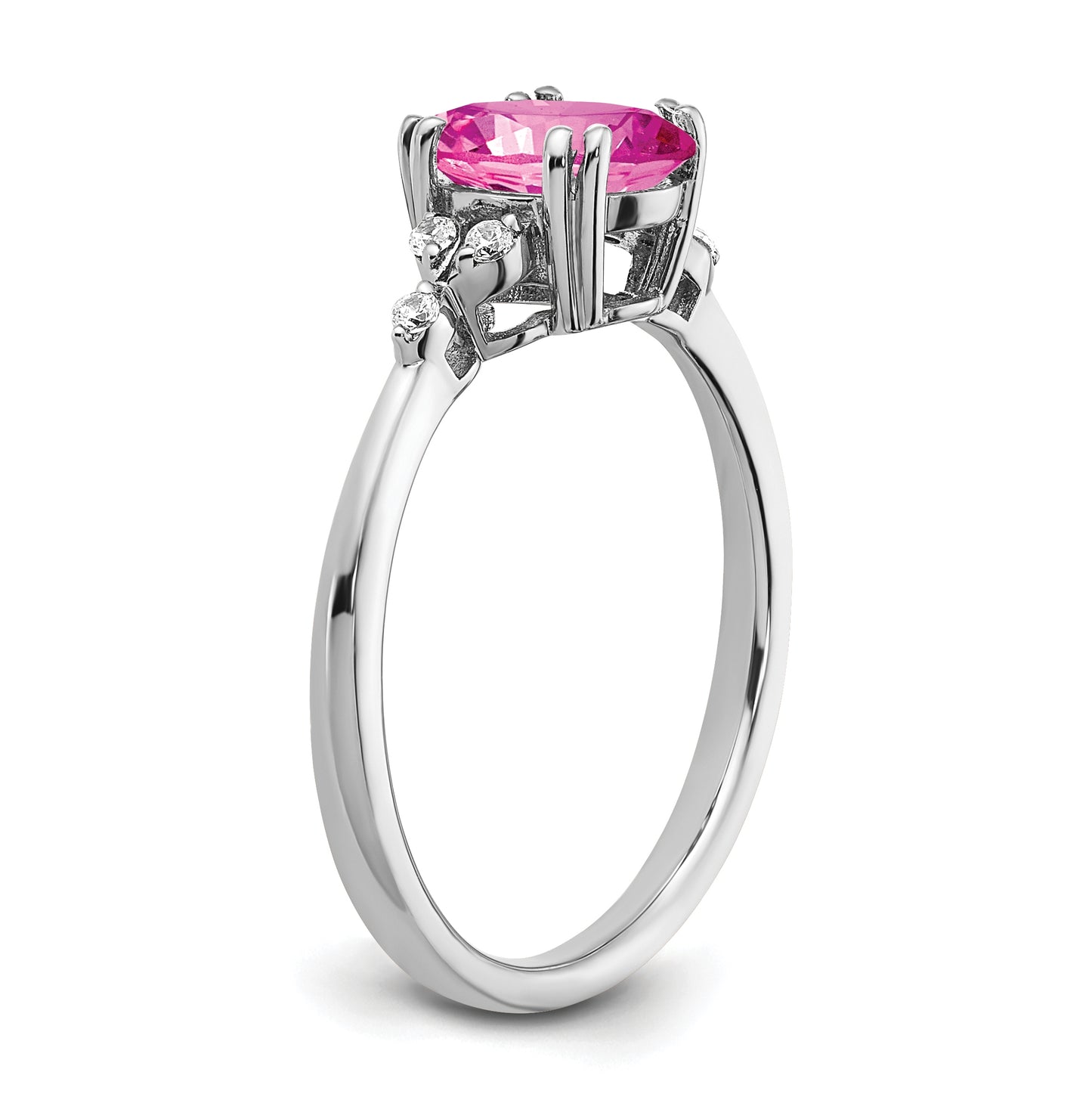 Sterling Silver Rhodium plated Created Pink Sapphire/Diamond Ring, Size 7