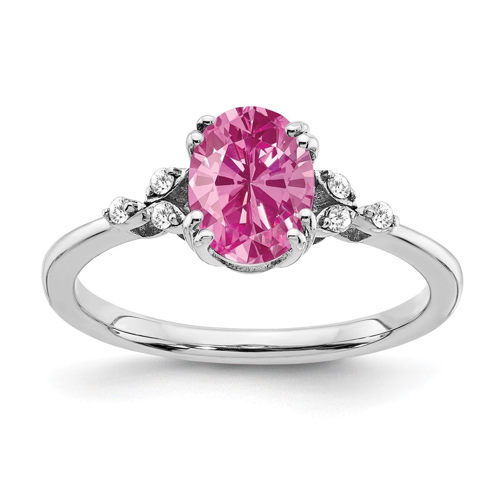 Sterling Silver Rhodium plated Created Pink Sapphire/Diamond Ring, Size 7