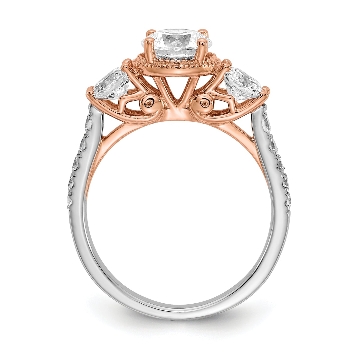 14k White and Rose Gold 3-Stone (Holds 1 carat (6.5mm) Round Center and (2-4.6mm) Round Sides) Diamond Semi-mount Engagement Ring