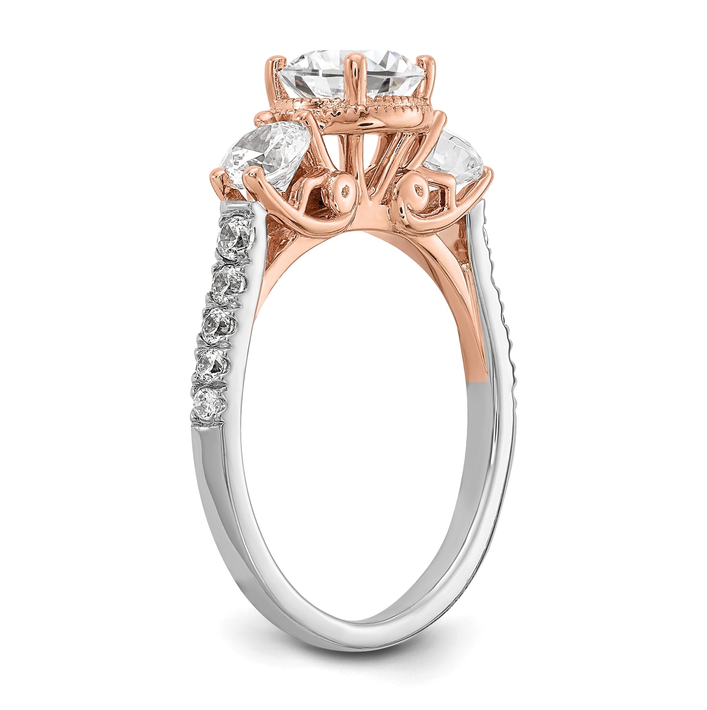 14k White and Rose Gold 3-Stone (Holds 1 carat (6.5mm) Round Center and (2-4.6mm) Round Sides) Diamond Semi-mount Engagement Ring