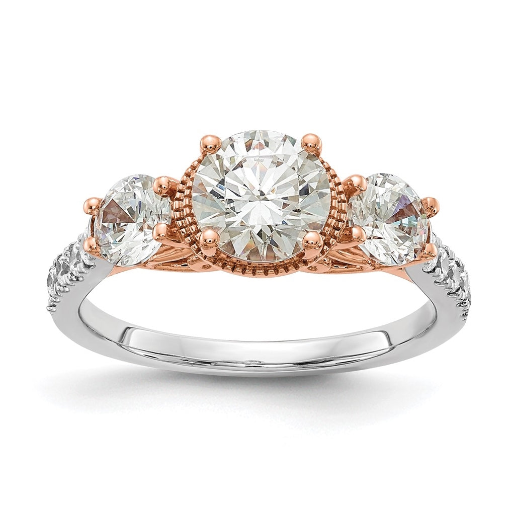 14k White and Rose Gold 3-Stone (Holds 1 carat (6.5mm) Round Center and (2-4.6mm) Round Sides) Diamond Semi-mount Engagement Ring