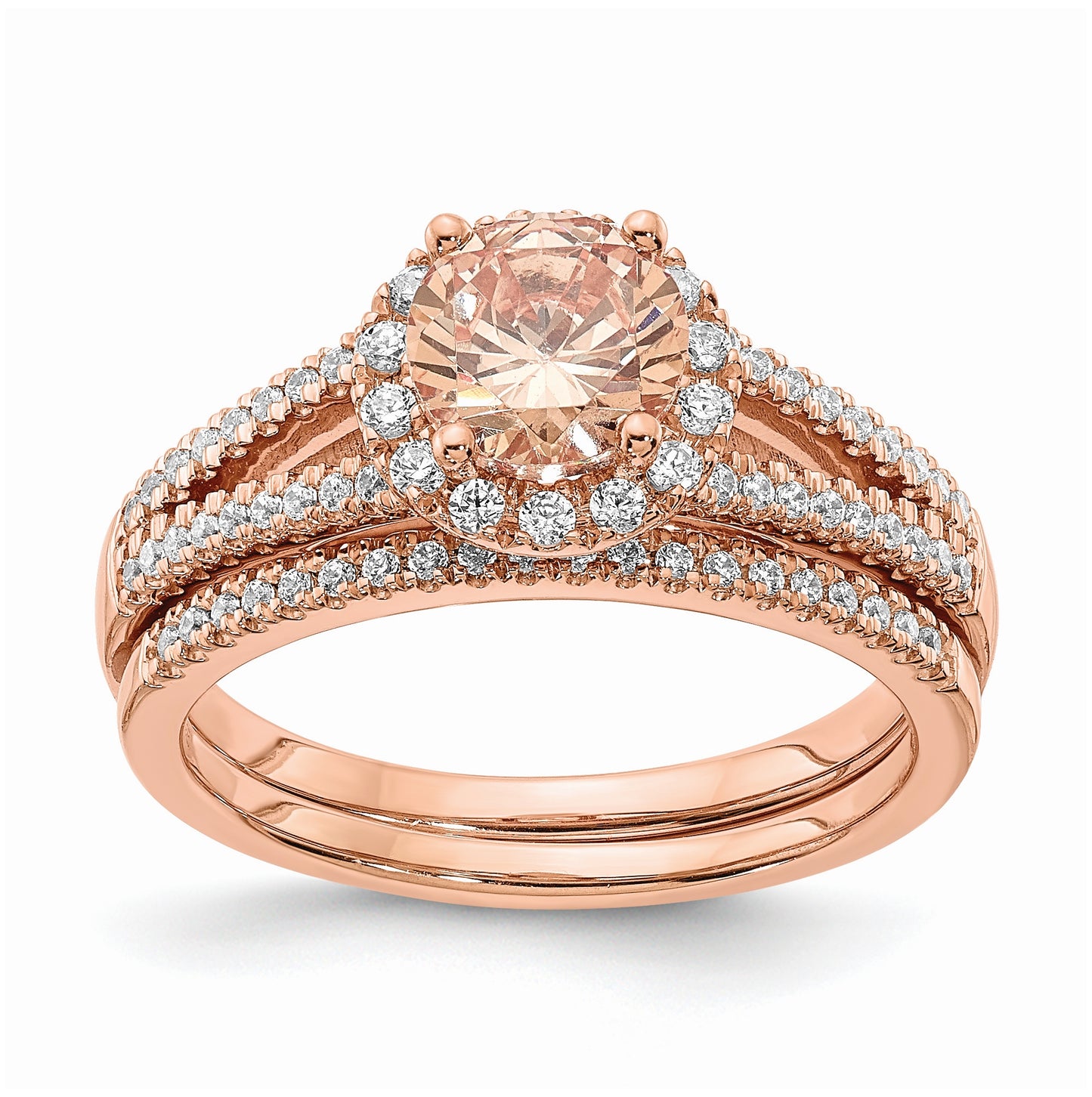 Blooming Bridal 14k Rose Gold Halo 6.5mm Round Morganite and 1/4 carat Diamond Complete Engagement Ring