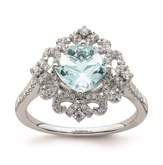 Blooming Bridal 14k White Gold Vintage 7.00mm Cushion-cut Aquamarine and 1/3 carat Diamond Complete Engagement Ring