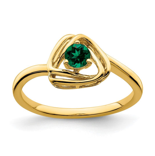 14K Yellow Gold Created Emerald Triangle Ring, Size 7