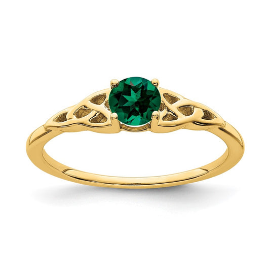 10K Yellow Gold Created Emerald Celtic Knot Ring, Size 7