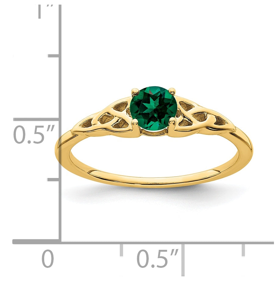 14K Yellow Gold Created Emerald Celtic Knot Ring, Size 7