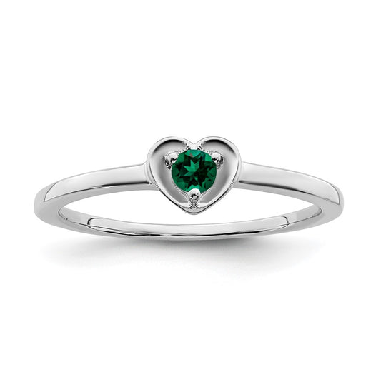 14K White Gold Created Emerald Heart Ring, Size 7