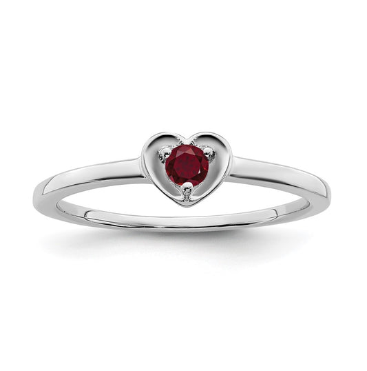 14K White Gold Created Ruby Heart Ring, Size 7