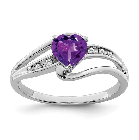 Sterling Silver Rhodium plated Amethyst and Diamond Ring, Sz 6